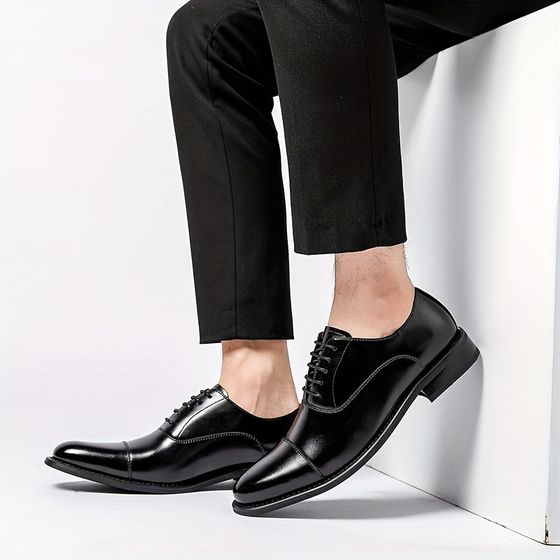 [Trendy Cow Leather Oxford Shoes] Men's Trendy Split Cow Leather Upper Cap Toe Oxford Shoes, Comfy Non Slip Casual Rubber Sole Formal Shoes, Men's Footwear