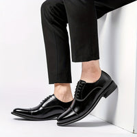 [Trendy Cow Leather Oxford Shoes] Men's Trendy Split Cow Leather Upper Cap Toe Oxford Shoes, Comfy Non Slip Casual Rubber Sole Formal Shoes, Men's Footwear