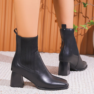 Comfy Chic Square Toe Mid-Calf Boots - Women's Fashion Footwear with Chunky Heel, Slip-on Design, Solid Color, and Soft Insole for All-Day Comfort - Perfect for Casual Outings and Daily Wear