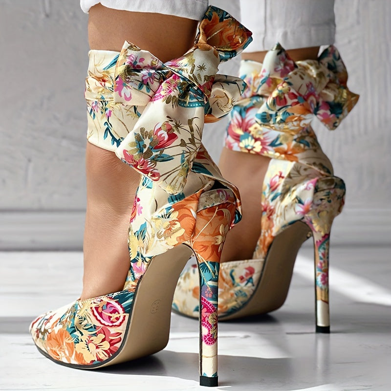 Women's Strappy Floral Print Satin Stiletto High Heels - Pointed Toe Lace Up D'Orsay Pumps with Ultrahigh Heel, Fabric Upper & Man Made Sole | Party & Dress Shoes | Fashion Stiletto Sandals