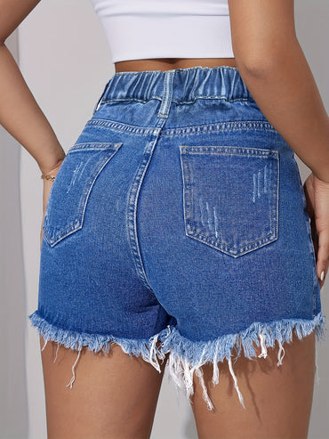 Women's High-Waisted Denim Shorts Skirted Shorts, Distressed Fringe Raw Hem Skorts, Elastic Waist, Loose Fit, Slimming, Preppy Style, Casual Summer Fashion