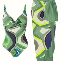 Plus Size Elegant Tankini Set, Women's Plus Geo Print Twist Front One Piece Swimsuit & Knot Side Cover Up Skirt Bathing Suit 2 Piece Set