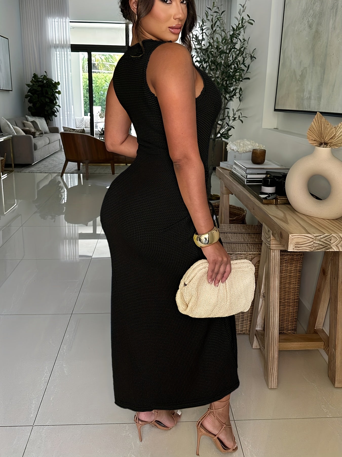 Womens Sexy Summer Dresses Sleeveless Round Neck Thigh-high Slit Ruched Bodycon Maxi Club Cocktail Party Dress