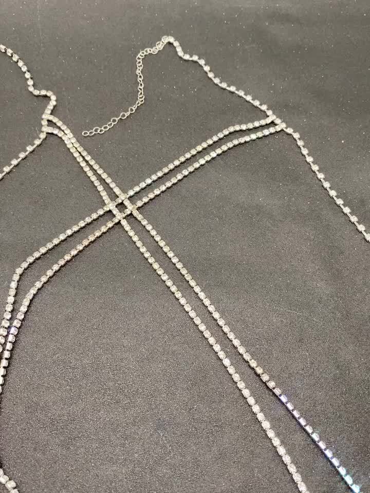 [Luxury Chest Chain Jewelry Shiny] Luxury Cross Chest Chain Shiny Rhinestones Body Chain Jewelry