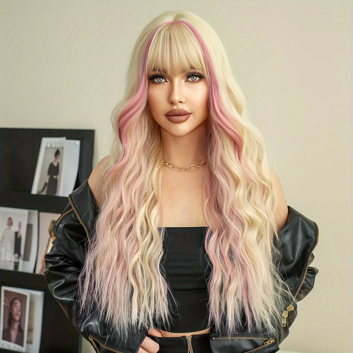 Highlight Long Curly Wavy Wig With Bangs Synthetic Wig Beginners Friendly Heat Resistant Elegant For Daily Use Wigs For Women