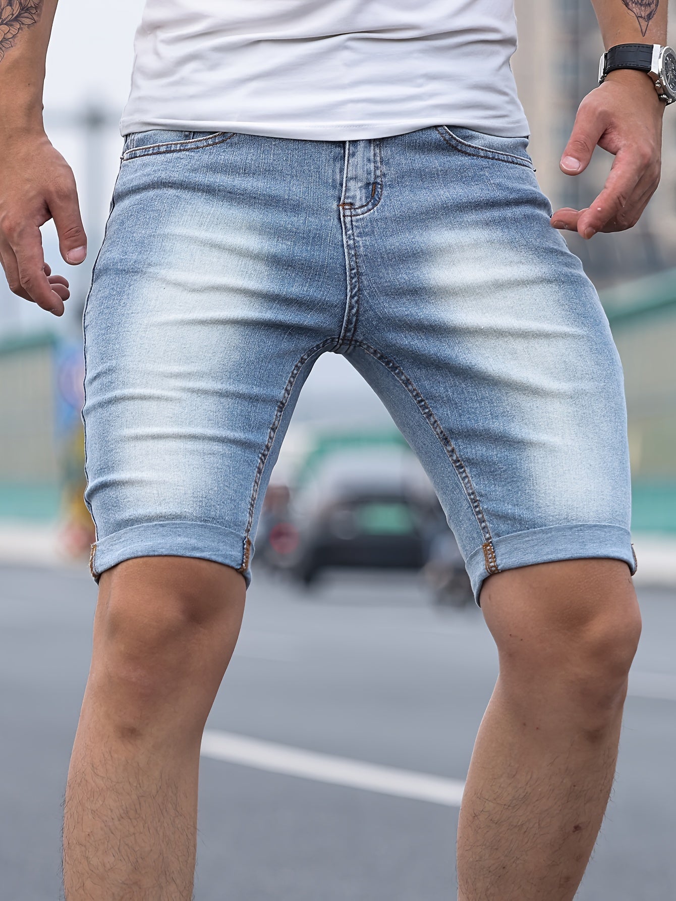 Men's Stylish Casual Skinny Solid Denim Shorts For Summer Daily Life