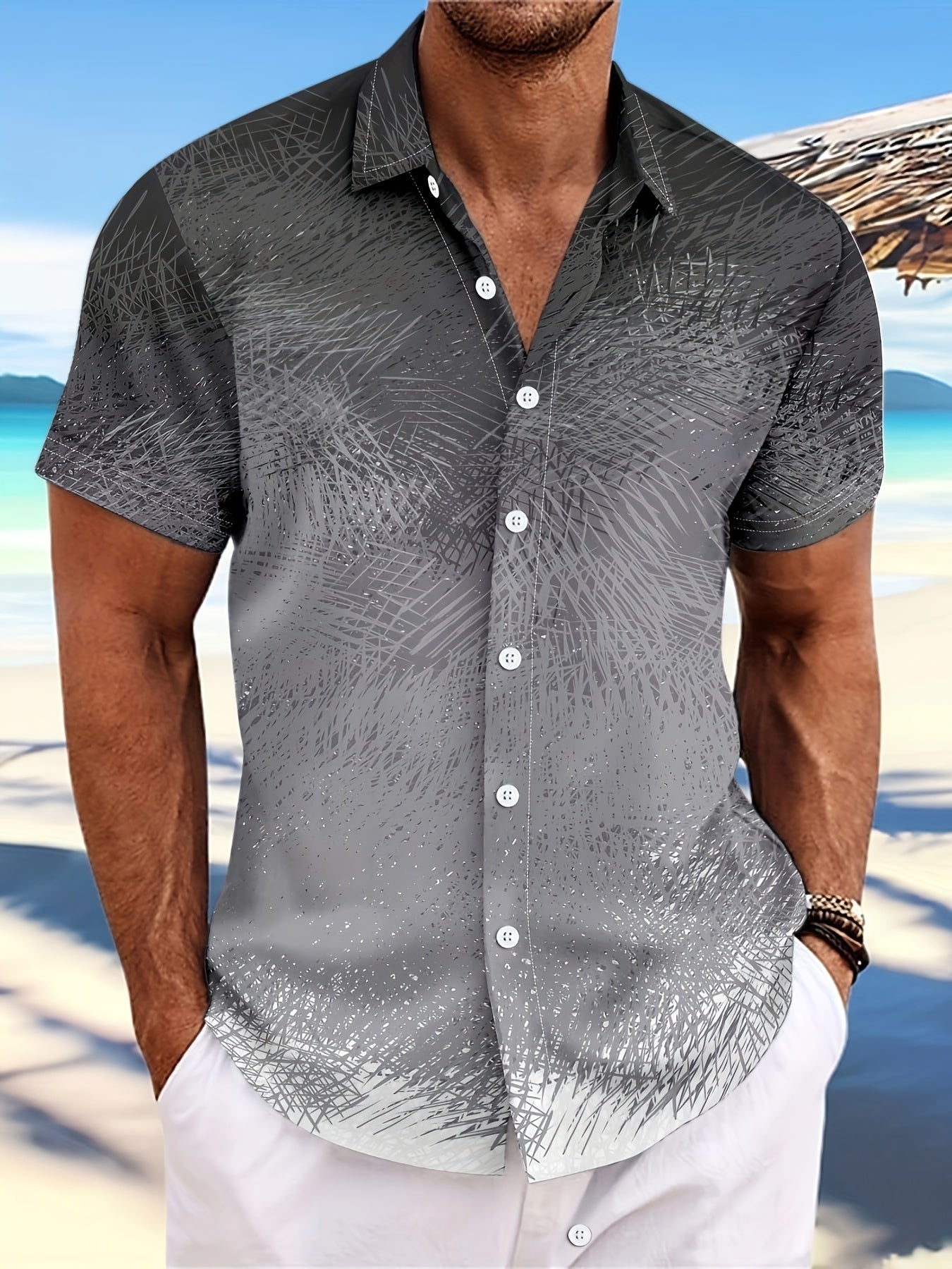 Men's Vibrant Pink to Purple Gradient Short Sleeve Shirt - Lightweight Polyester, Button-Up with Chest Pocket, Ideal for Summer Beach Parties & Casual Wear, Beach Wear