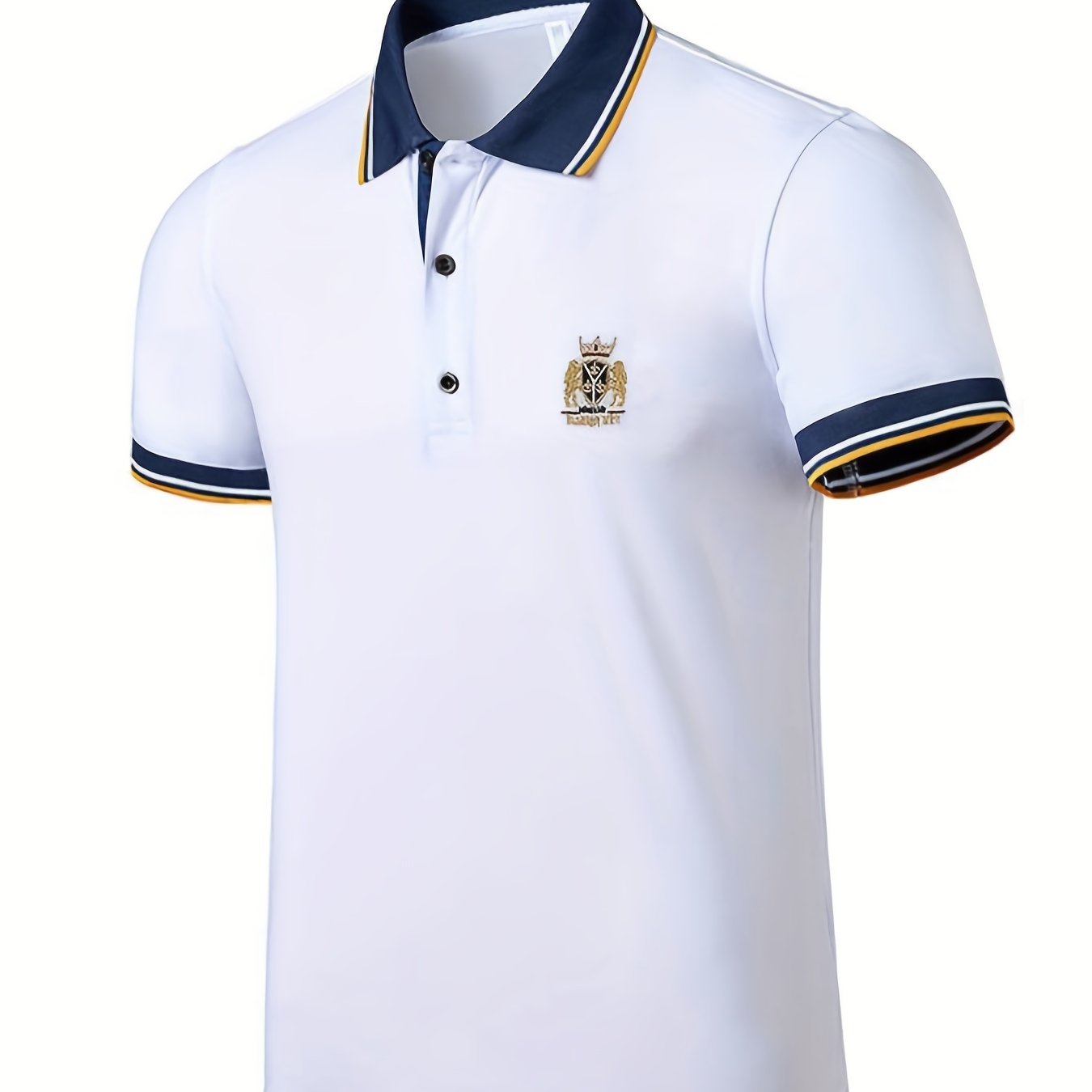 Men's Casual Shirt - Vibrant Red with Golden Embroidered Crest, Short Sleeve Summer Shirt, Regular Fit, Black & Yellow Trim Collar, Breathable Fabric for Casual & Semi-Formal Wear, Contrast Stripe Detailing