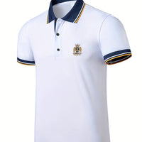 Men's Casual Shirt - Vibrant Red with Golden Embroidered Crest, Short Sleeve Summer Shirt, Regular Fit, Black & Yellow Trim Collar, Breathable Fabric for Casual & Semi-Formal Wear, Contrast Stripe Detailing
