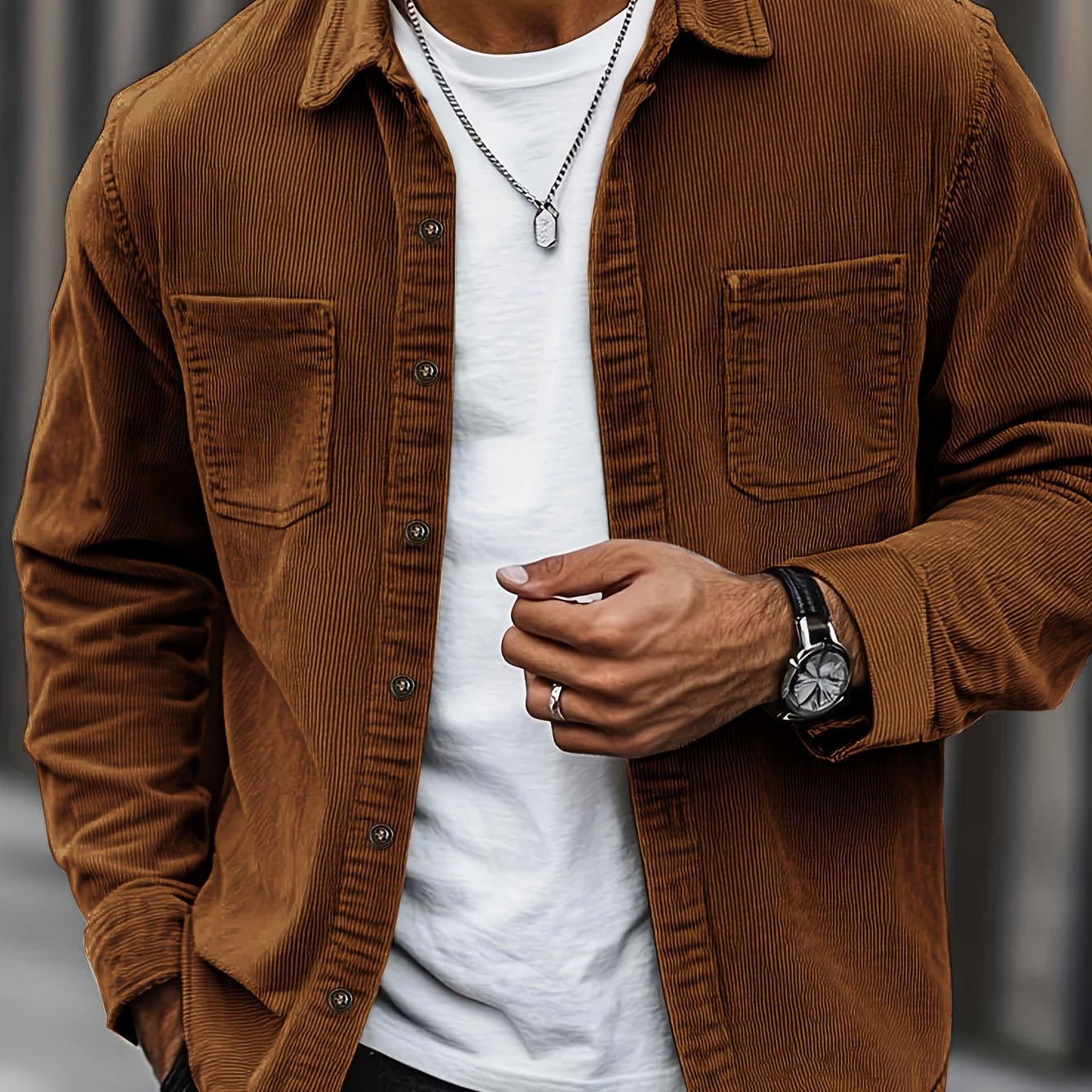 [Corduroy Casual Shirt] Light Blue Corduroy Men's Casual Shirt Jacket | Classic Collar, Button-Up Long Sleeve with Double Chest Pockets, Perfect for Spring & Fall, Everyday Fashion, Street Style, and Office Wear