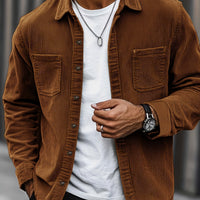 [Corduroy Casual Shirt] Light Blue Corduroy Men's Casual Shirt Jacket | Classic Collar, Button-Up Long Sleeve with Double Chest Pockets, Perfect for Spring & Fall, Everyday Fashion, Street Style, and Office Wear