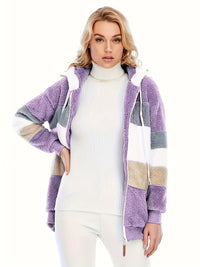 Plus Size Casual Coat, Women's Plus Colorblock Teddy Fleece Hooded Drawstring Zipper Long Sleeve Loose Fit Coat With Pockets