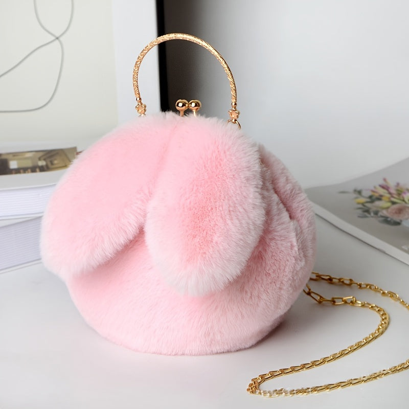 Kawaii Fluffy Bunny Kiss Lock Handbag – Stylish Year of the Rabbit Chain Shoulder Bag with Polyester Lining