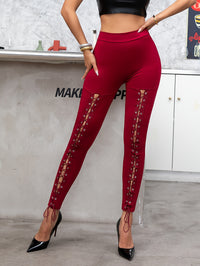 [Solid Color Cropped Leggings] High-Waist Leggings - Sexy Cross-Strap, Stretch Polyester Blend, Eyelet Detail, Solid Color Cropped Pants for Women - Perfect for Fall/Spring