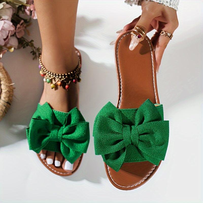 Ladies' Bowknot Flat Sandals, Solid Color Open-Toe Non-Slip Shoes, Casual Outdoor Beach Sandals.