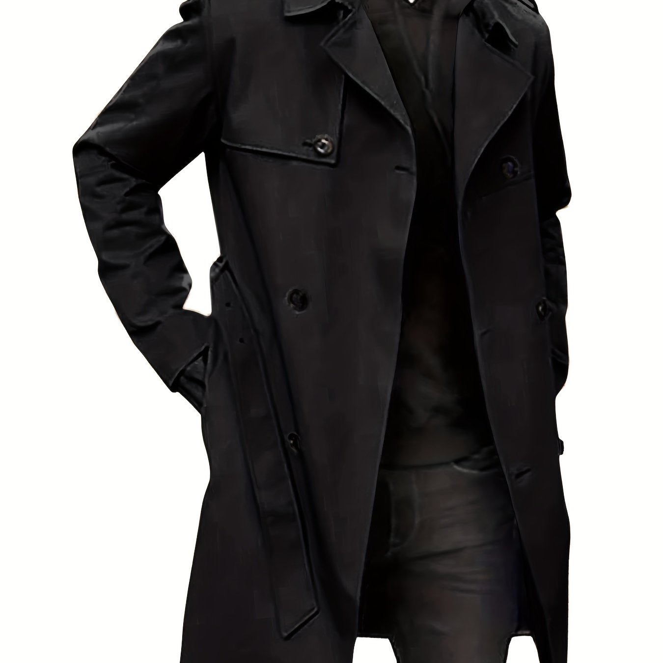 Plus Size Men's Trendy Windbreaker Double-breasted Belt Lapel Casual Slim Long Jacket Coat
