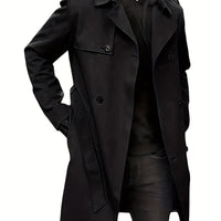 Plus Size Men's Trendy Windbreaker Double-breasted Belt Lapel Casual Slim Long Jacket Coat