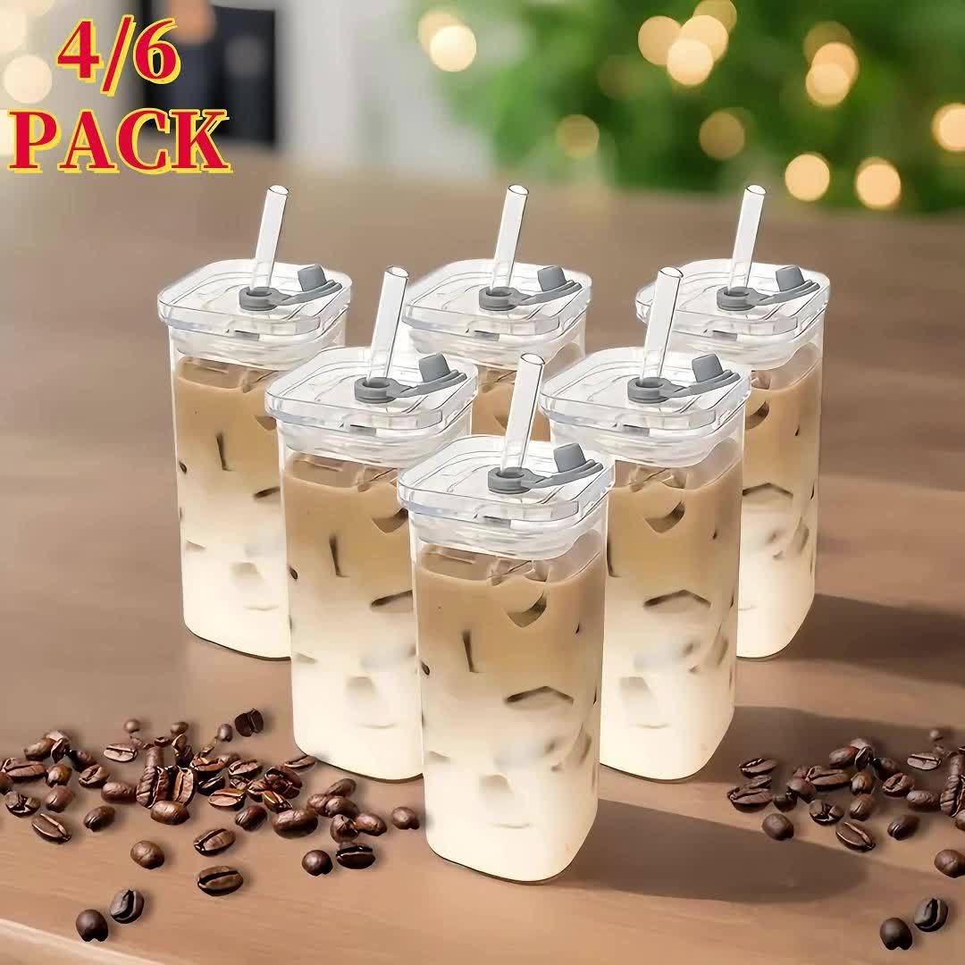 6pcs Square Lidded Glass Cups, Portable Drinking Cups, Iced Coffee Cups With Lids/straws, Father'S Day Cups, Perfect For Office, Party Supplies, Home, School, And Outdoor Use