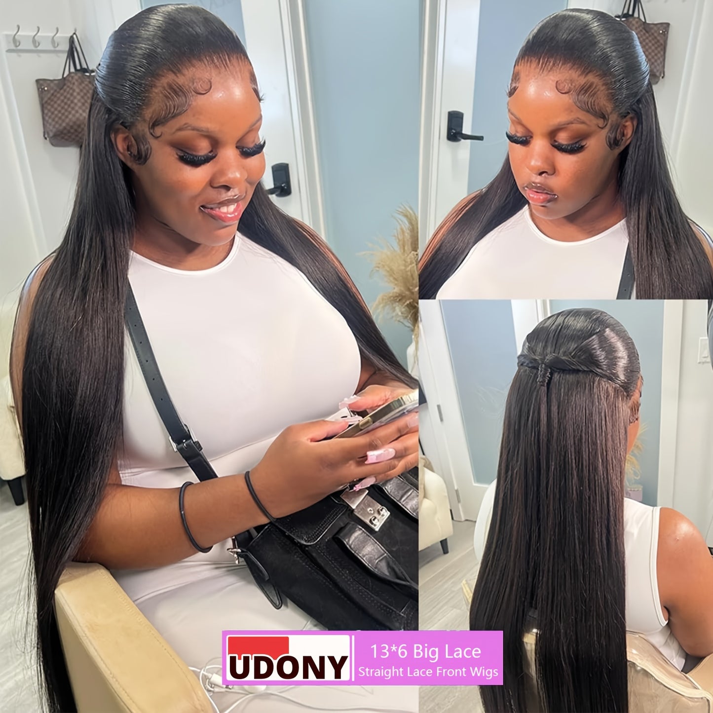 13x6 HD Transparent Lace Front Wig for Women - 180% Density, Pre-Plucked Straight Human Hair, Glueless Design, Natural Black Color, Versatile Styling Options for Ponytails and Braids
