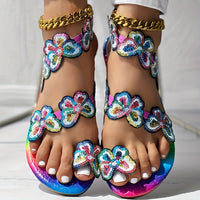 [Flowers Flat Women's Sandals] Women's Flowers Flat Sandals, Fashion Toe Loop Faux Pearl Slip On Shoes, Casual Beach Travel Sandals
