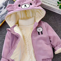 New Children's Warm Winter Thick Coat Cute Bear Shape Baby Corduroy Hooded Zip UpJacket