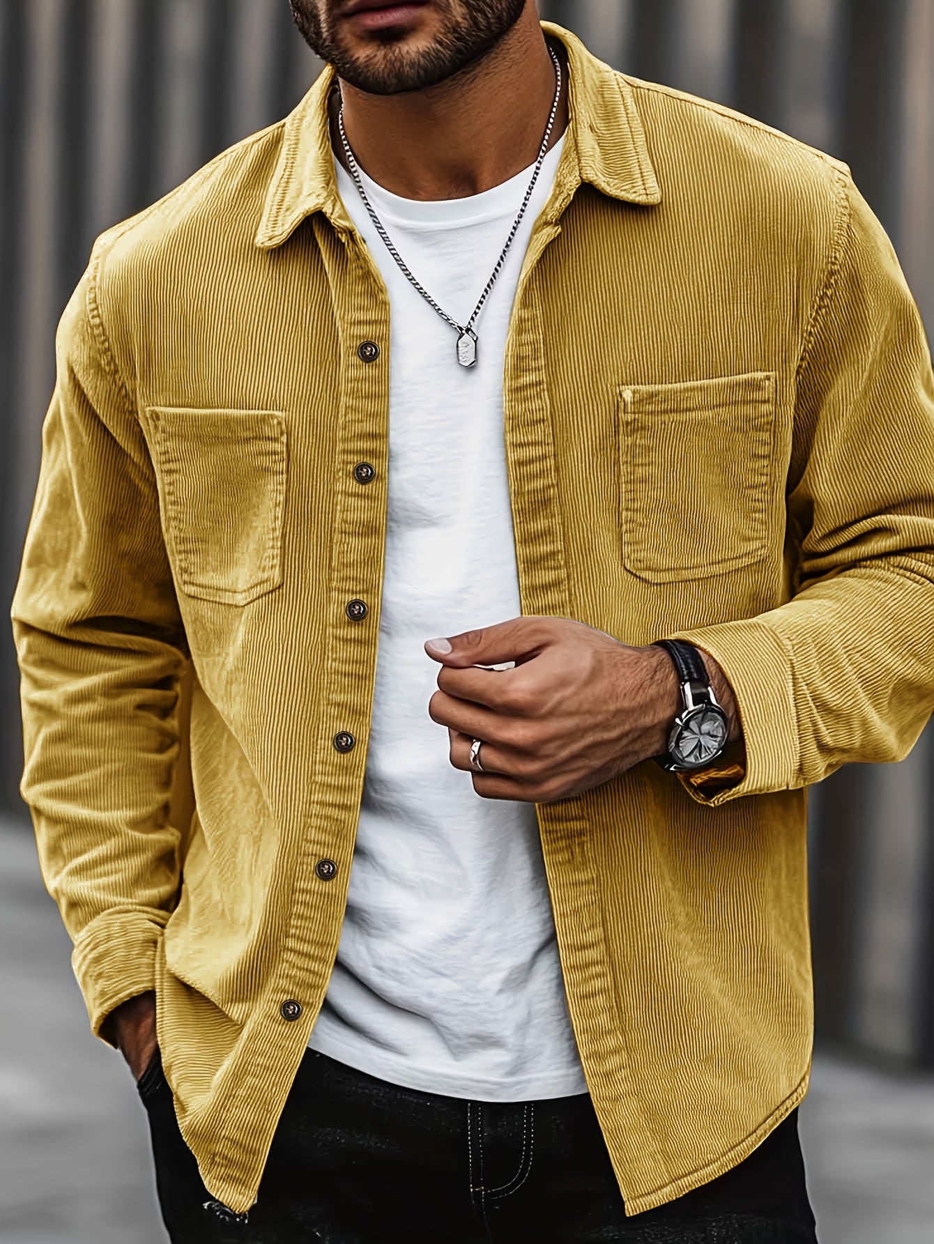 [Corduroy Casual Shirt] Light Blue Corduroy Men's Casual Shirt Jacket | Classic Collar, Button-Up Long Sleeve with Double Chest Pockets, Perfect for Spring & Fall, Everyday Fashion, Street Style, and Office Wear
