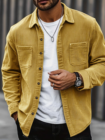 [Corduroy Casual Shirt] Light Blue Corduroy Men's Casual Shirt Jacket | Classic Collar, Button-Up Long Sleeve with Double Chest Pockets, Perfect for Spring & Fall, Everyday Fashion, Street Style, and Office Wear