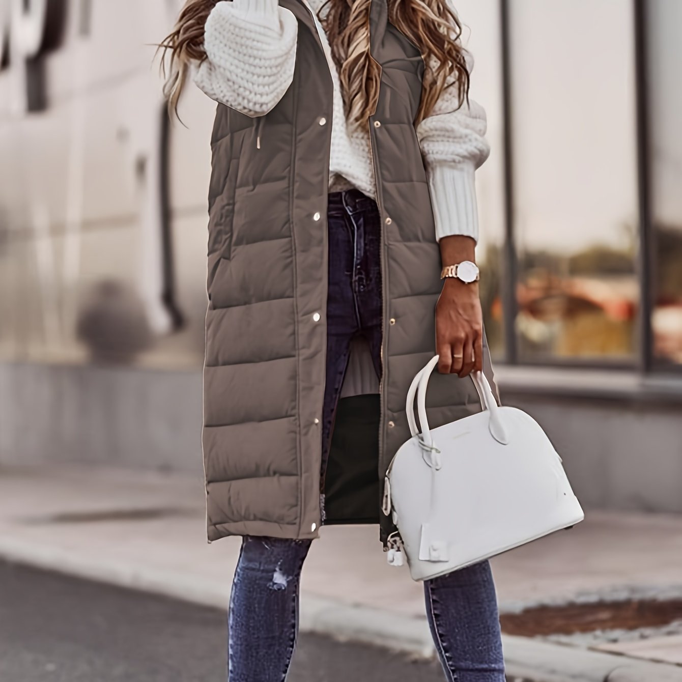 Button Front Hooded Coat, Casual Sleeveless Long Length Outerwear, Women's Clothing