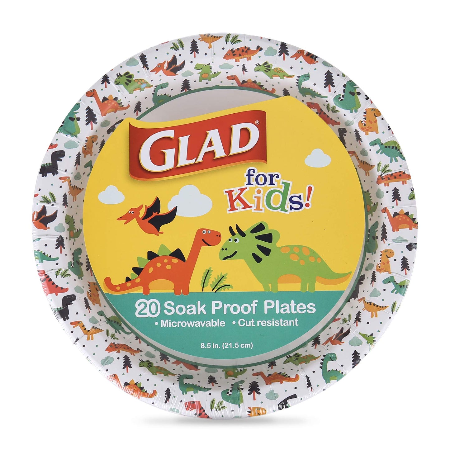 Glad for Kids Dinosaur-Themed Heavy Duty Disposable Paper Plates - Soak Proof, Microwavable, 8.5" Round Plates, Perfect for Birthday Parties and Dinosaurs Lovers - Pack of 20 Party Plates