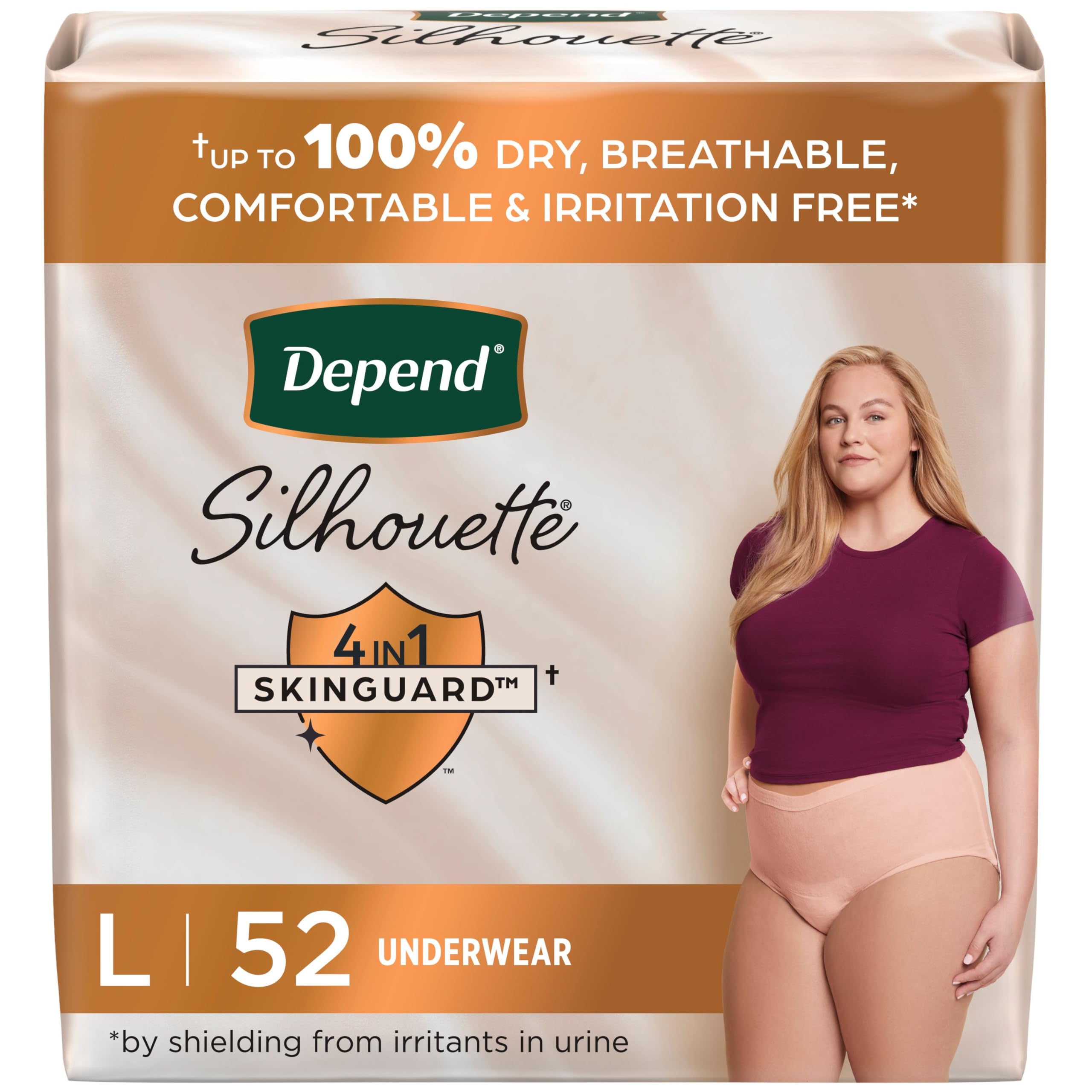 Depend Silhouette Adult Incontinence & Postpartum Bladder Leak Underwear for Women, Maximum Absorbency, Large, Pink, 52 Count, Packaging May Vary