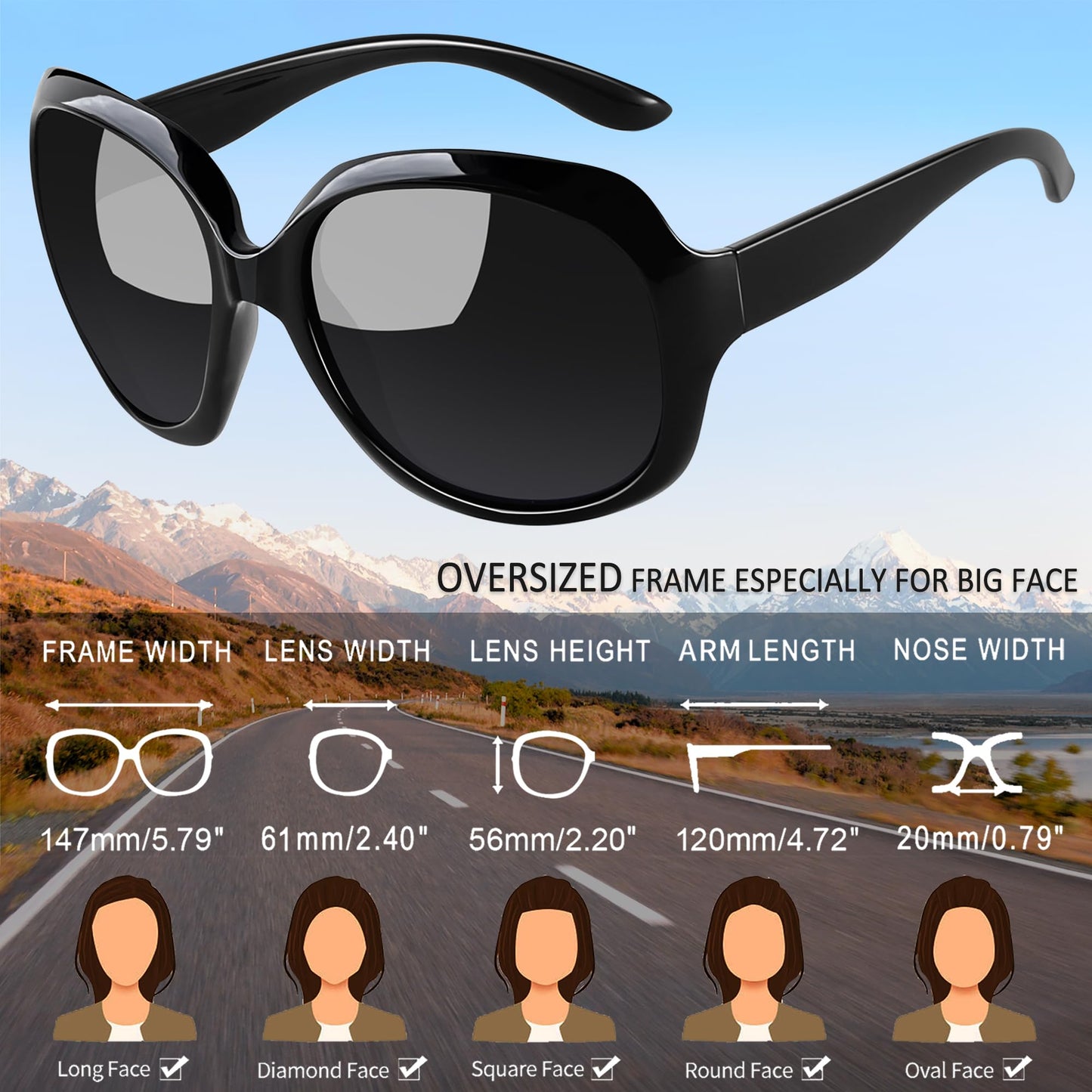 Joopin Oversized Sunglasses Womens Trendy, Polarized Big Black Sun Glasses for Woman UV Protection, Retro Ladies Large Square Shades Sunnies