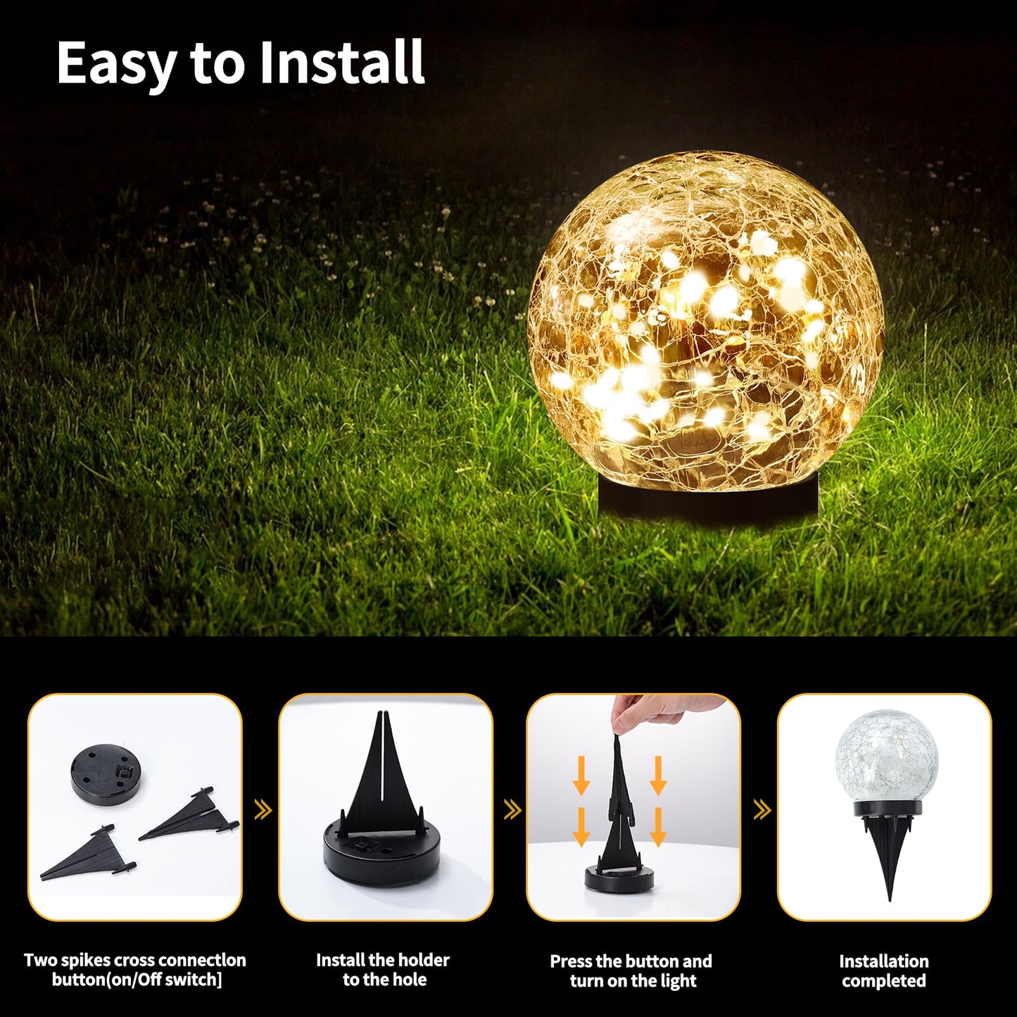 JKIMK Solar Globe Lights, Outdoor Waterproof - 2 Pcs Solar Orbs for Garden, 600mAh Battery, 20 LED Lights, Warm White, Decorative Patio Yard Lawn Backyard Decor