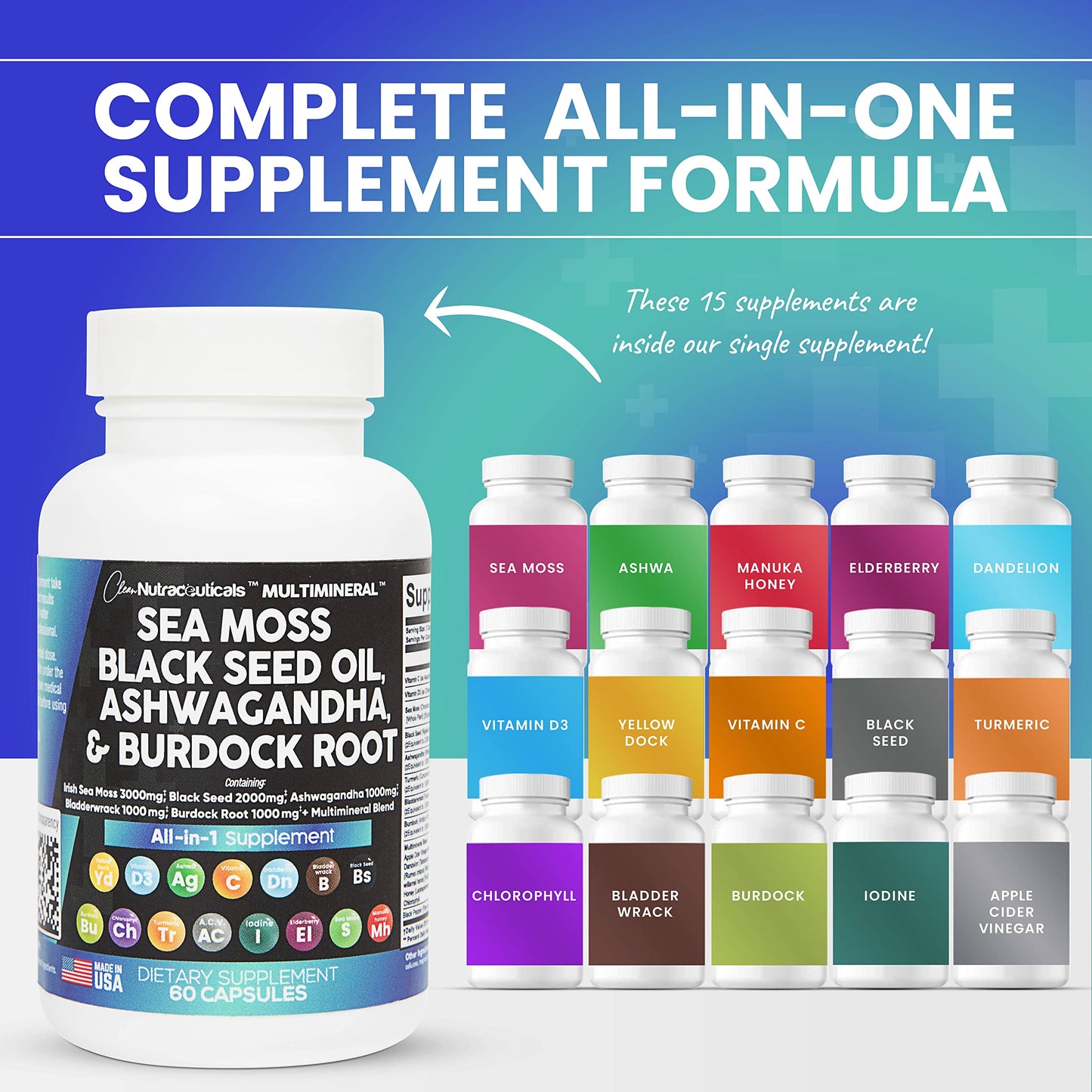 Clean Nutraceuticals Sea Moss, Black Seed Oil, Ashwagandha & Burdock Root