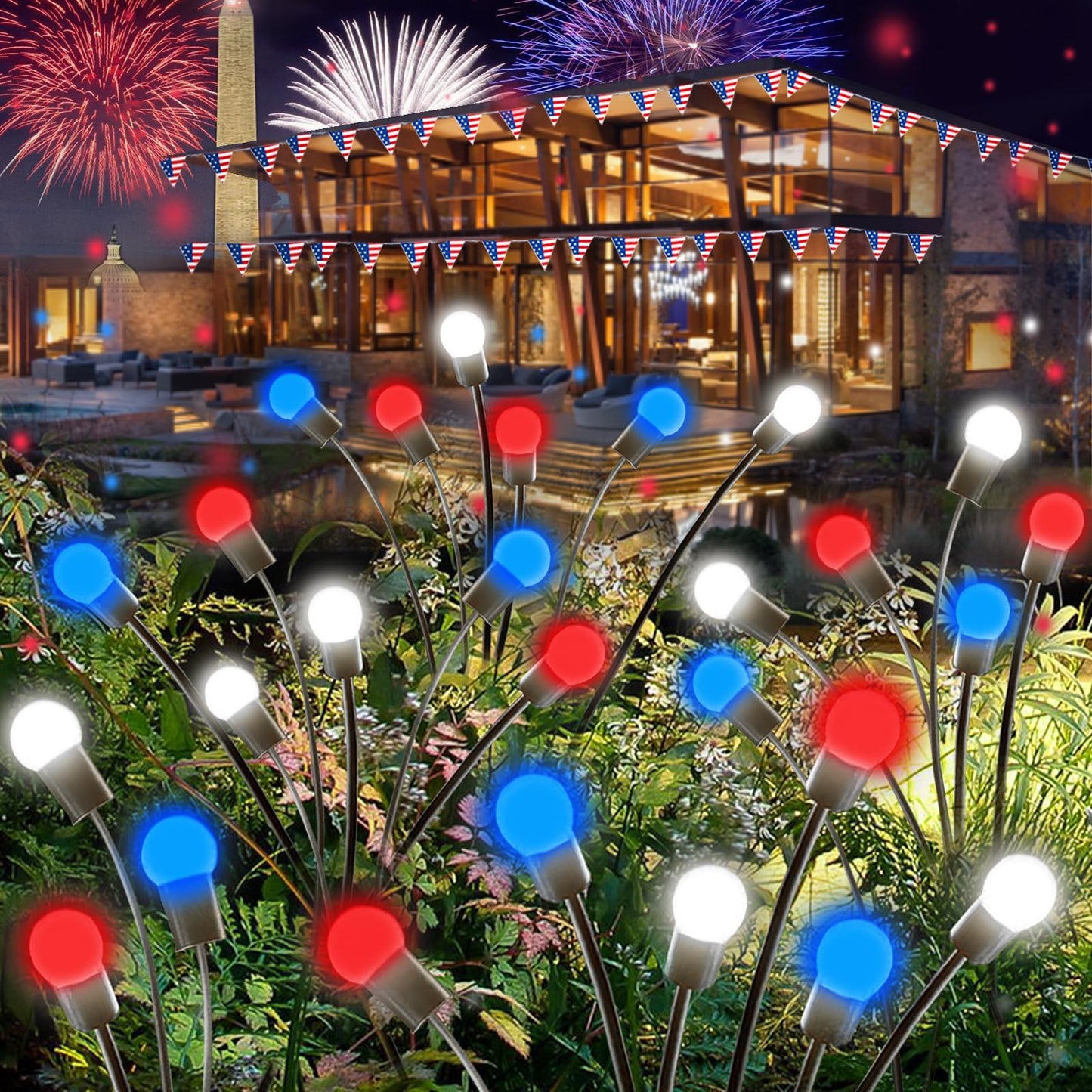 8-Pack Solar Garden Lights,48 LED Firefly Solar Lights for Outside, 4th of July Decorations Waterproof Swaying Solar Powered Yard Lights for Independence Day Path Garden Yard Decor(Red White and Blue)