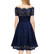 MISSMAY Women's Vintage Floral Lace Short Sleeve Boat Neck Cocktail Party Swing Dress (X-Large, Navy Blue)