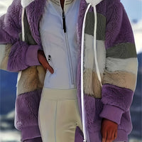 Ultra-Soft Color Block Fuzzy Hooded Coat - Stylish Winter Warm Outerwear with Full-Length Sleeves - Perfect for Casual Wear - Womens Clothing
