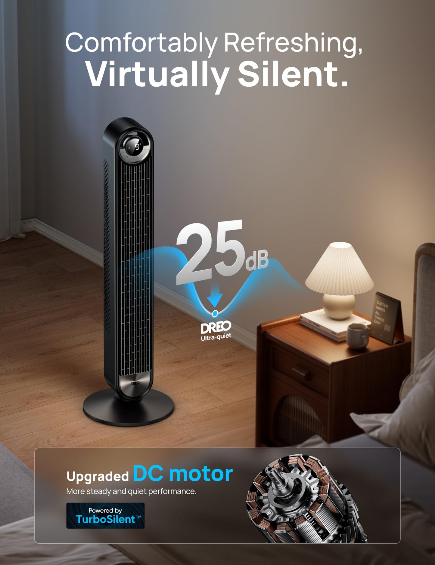 Dreo Tower Fan for Bedroom, Upgraded DC 9 Speeds Utral-Quiet Floor Fan, 90° Oscillating Fans for Indoors with 26ft/s Velocity, 12H Timer, Standing Fans, Bladeless Fan Powerful for Home Office Room