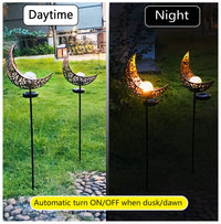 Aubasic Solar Powered Garden Lights, 2 Pack Antique Brass Hollow-Carved Metal Moon with Warm White Crackle Glass Globe Stake Lights,Waterproof Outdoor for Lawn,Patio,Yard