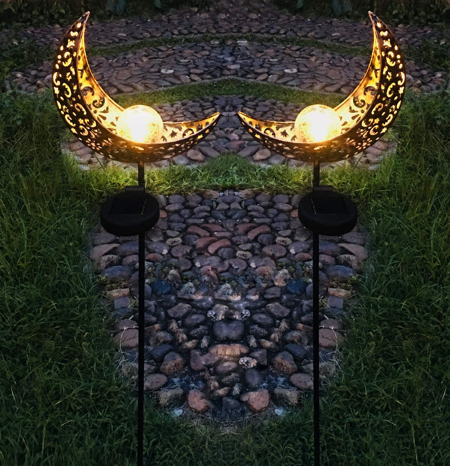 Aubasic Solar Powered Garden Lights, 2 Pack Antique Brass Hollow-Carved Metal Moon with Warm White Crackle Glass Globe Stake Lights,Waterproof Outdoor for Lawn,Patio,Yard