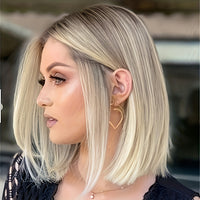 Bob Wig For Women Short Straight Synthetic Hair With Blonde Highlights Middle Part
