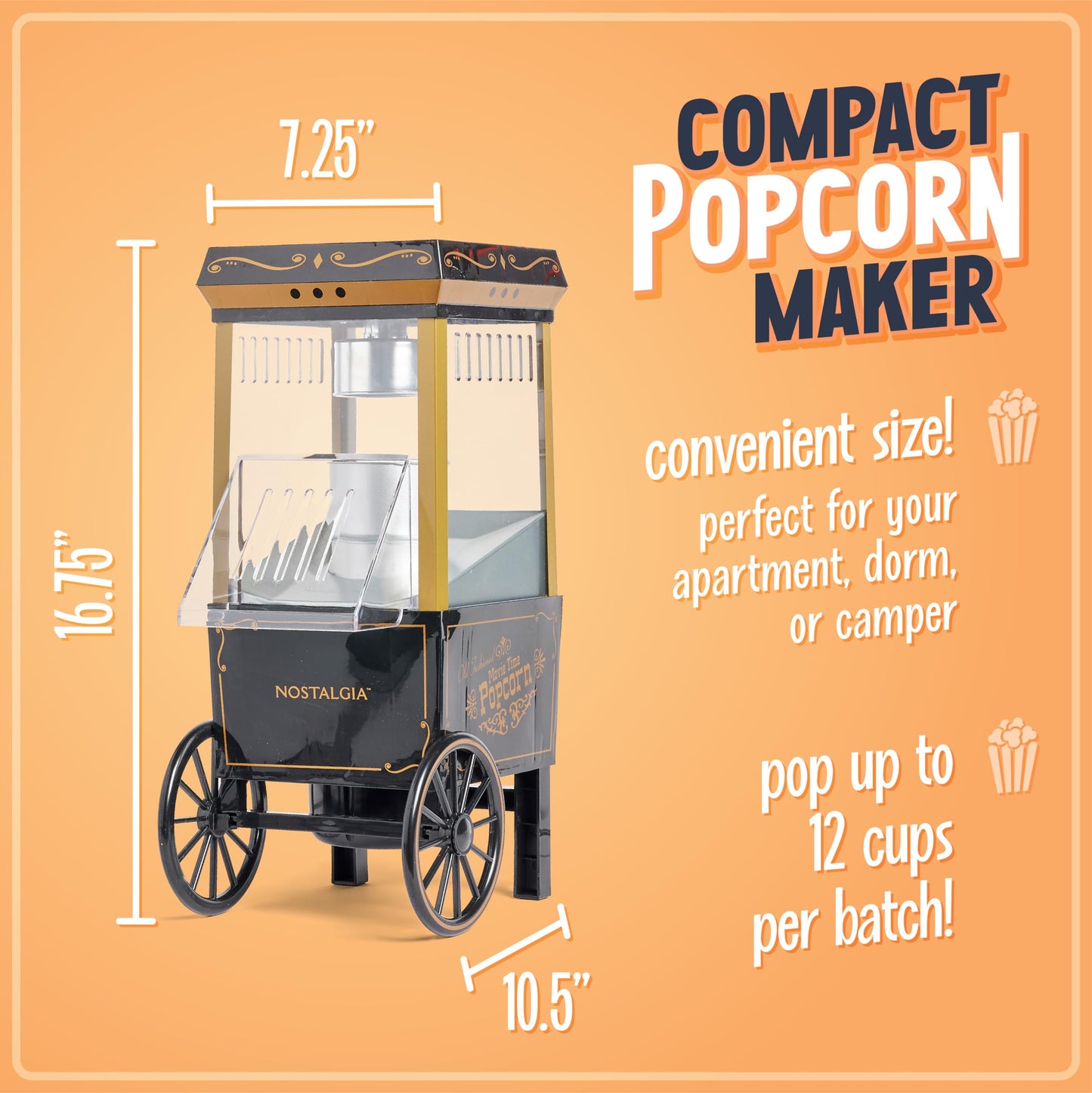 Nostalgia Old-Fashioned Hot Air Popcorn Paker, 12 Cup Vintage Tabletop Popcorn Machine with Measuring Cap for Home, Parties, Movie Night, and Kids, 12 Cup, Black