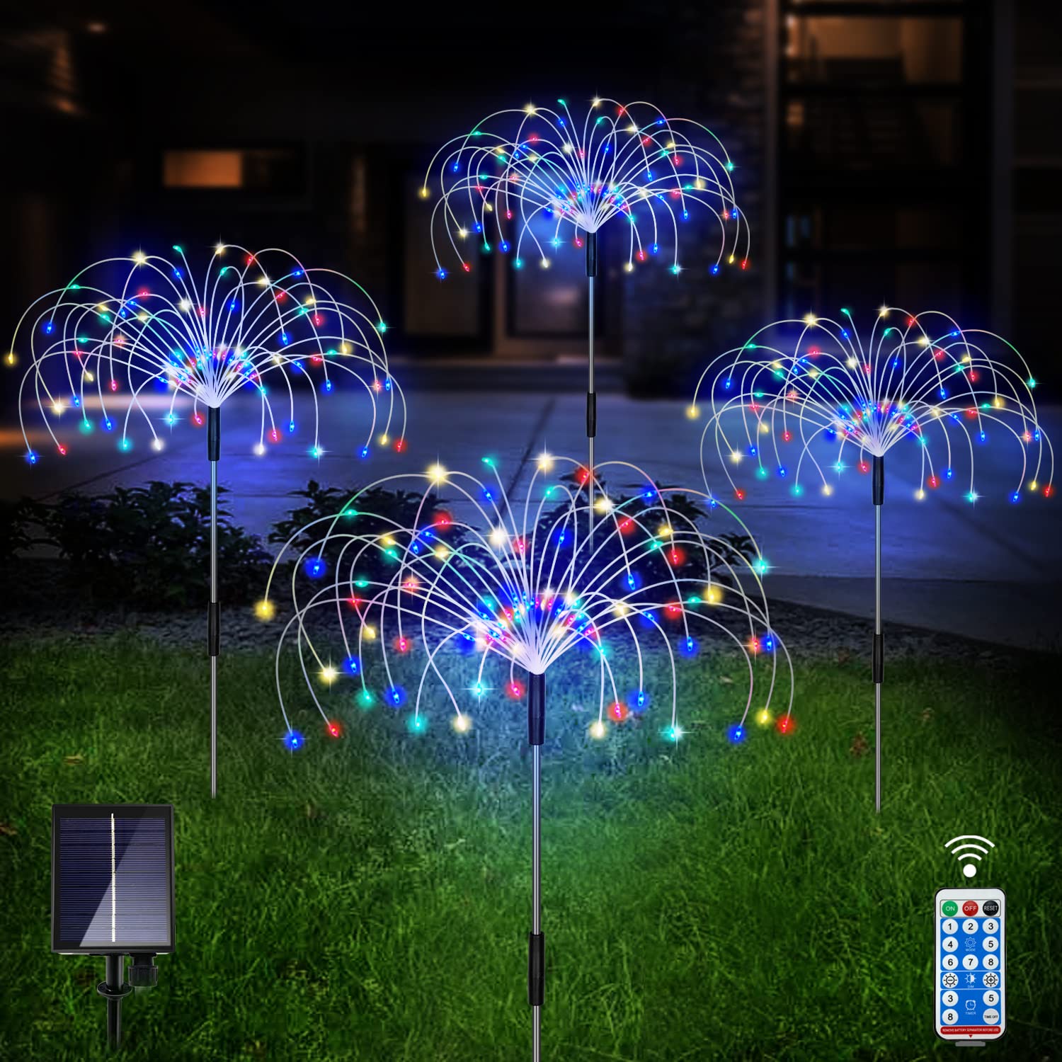 Outdoor Solar Garden Lights, 4 Pack 120 LED Copper Wire Waterproof Garden Fireworks Lamp with Remote, 8 Modes Decorative Sparkles Stake Landscape Light for Pathway Lawn Decor (Colorful)