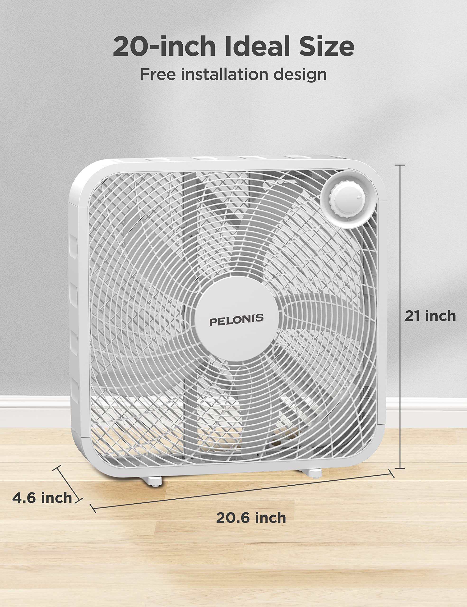 PELONIS 3-Speed Box Fan for Full-Force Circulation with Air Conditioner, White - Thumbnail 5