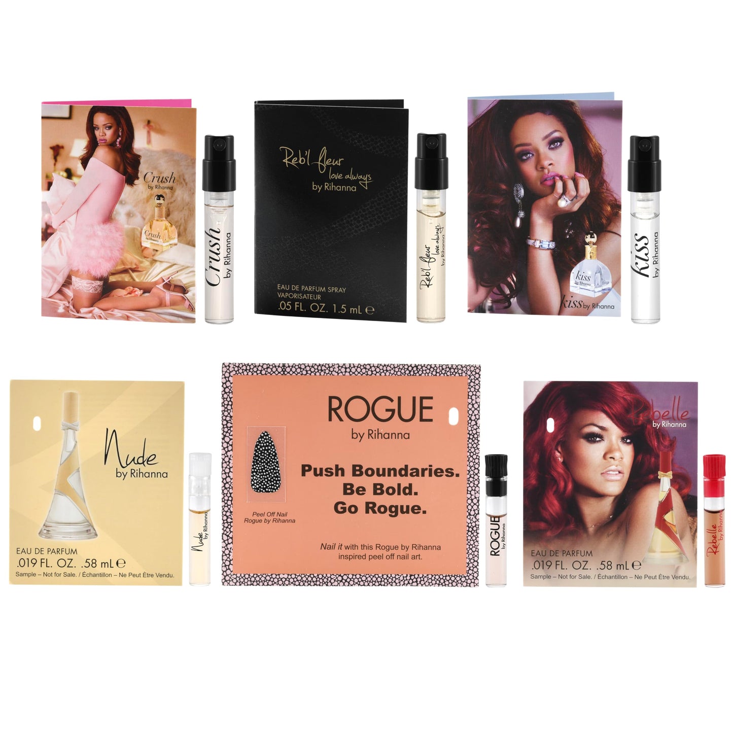 6 Rihana perfume samples for women: Crush, Reb'l Fleur, Kiss, Rogue, Rebelle, and Nude. Fragrance sample vial bottles perfume Set. Great for small gift or to try before purchasing bigger bottles.