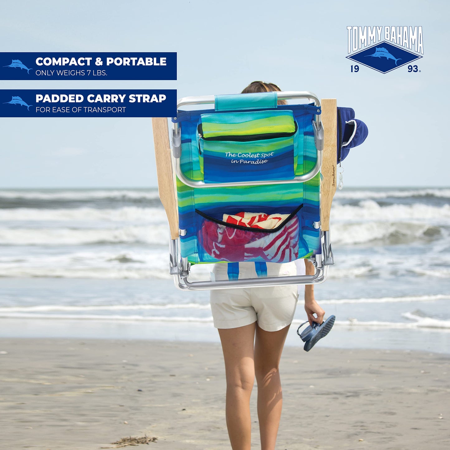 Tommy Bahama 5-Position Classic Lay Flat Folding Backpack Beach Chair, Blue and Green Stripe , 23" x 25.25" x 31.5"