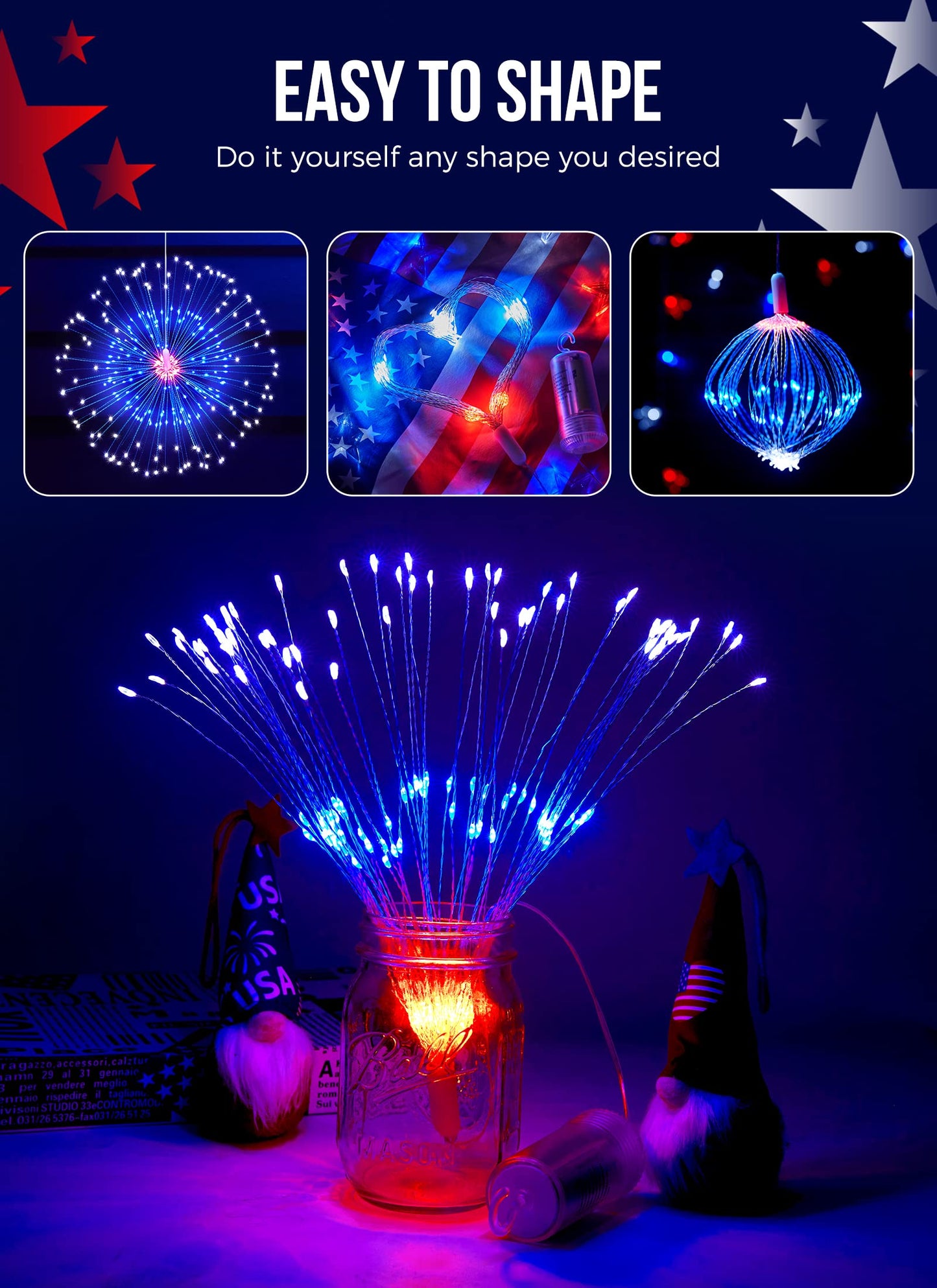 4th of July Decorations Firework Lights - 2 Pack 360 LED Patriotic Lights Battery Operated with 8 Modes Timer Remote, Waterproof Starburst Lights for Independence Day Memorial Day, Red White Blue