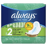 Always Ultra Thin, Size 2, Super Pads With Wings, Unscented, 16 Count