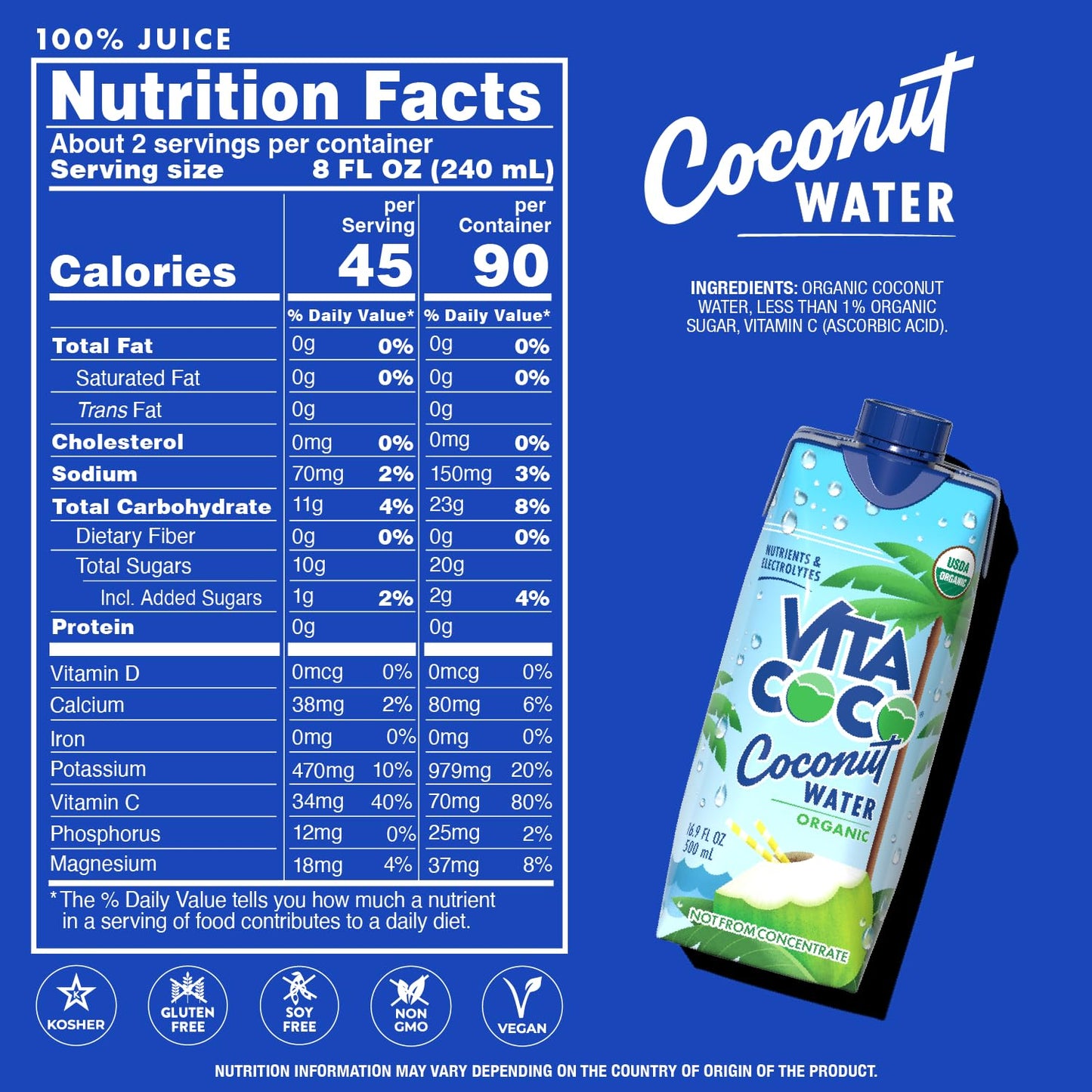 Vita Coco Coconut Water, Pure Organic | Refreshing Coconut Taste | Natural Electrolytes | Vital Nutrients | 16.9 Oz (Pack Of 12)