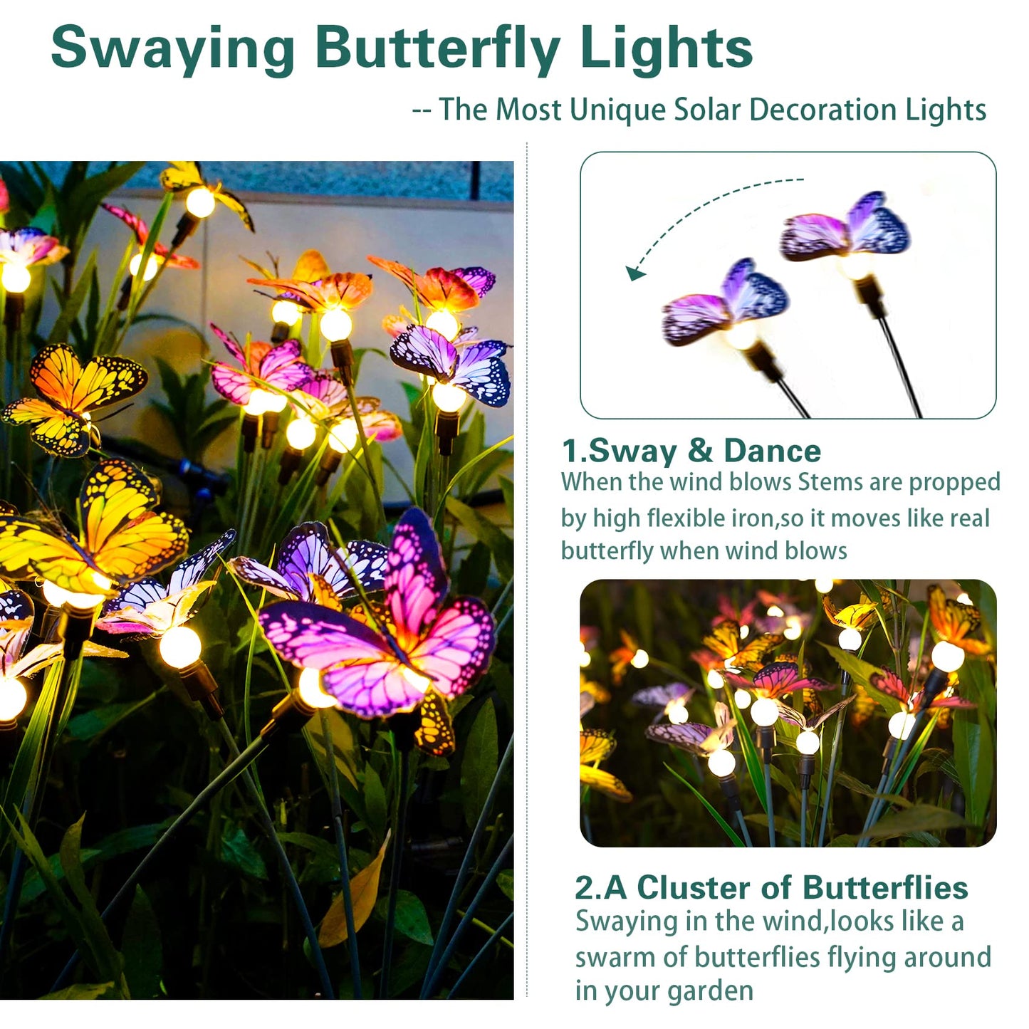 TONULAX Solar Garden Lights - Newest Swaying Butterfly Light, Swaying in The Wind, Solar Outdoor Lights, Yard Patio Pathway Decoration, High Flexibility Iron Wire & Realistic Butterflies (2 Pack)