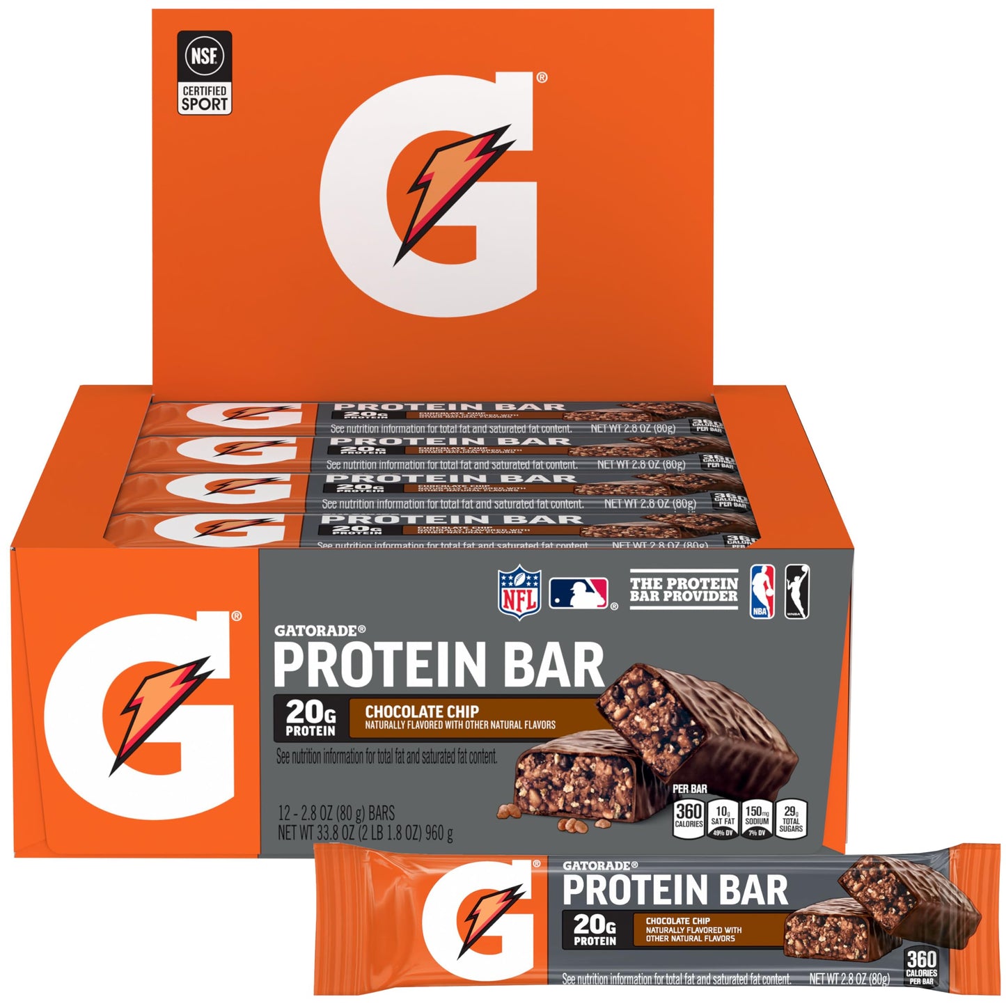 Gatorade Whey Protein Recover Bars, Chocolate Chip, 2.8 ounce(Pack of 12)